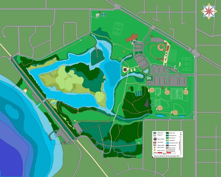 An aerial map of a park and its habitat areas