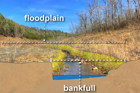 A cutaway graphic of a floodplain