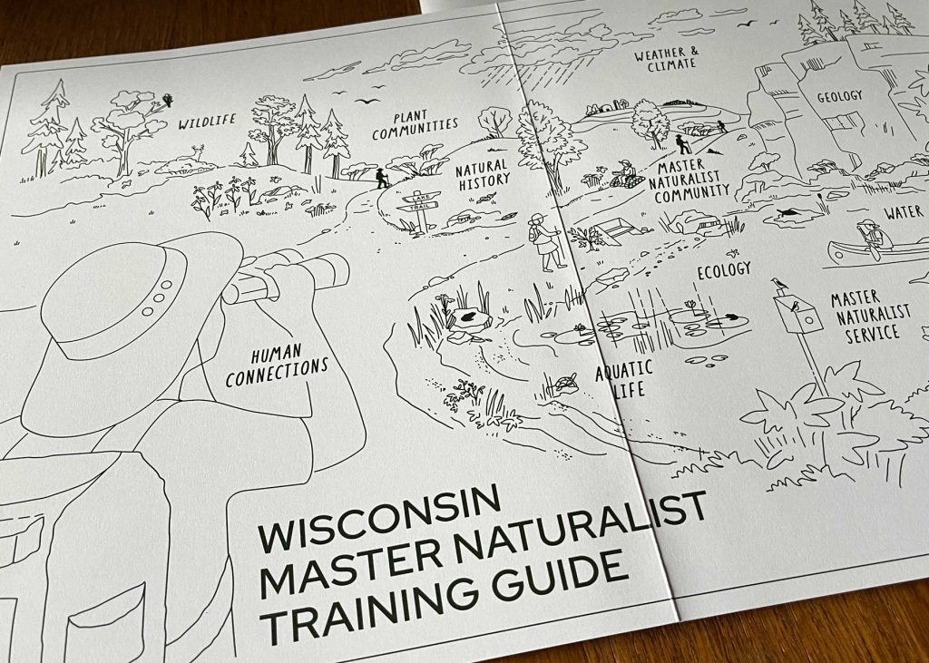 An illustration of a person looking out at a landscape with binoculars seeing a hiking trail, plant communities, a river and mountain