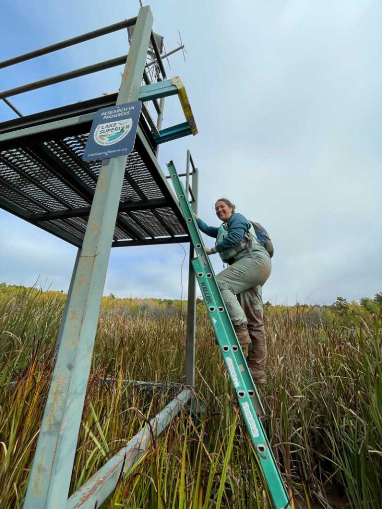 Hannah Ramage climbs the weather research station in the St. Louis River estuary.