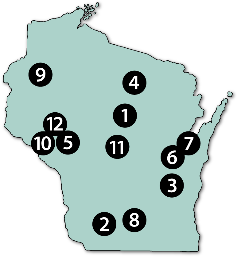 Map of Wisconsin showing where each NRE is located. 1. Kris Tiles, Wausau, 2. Joe Bonnell, Dodgeville, 3. Tony Johnson, Fond du Lac, 4. Bill Klase, Rhinelander, 5. Lauren Larsen, Altoona, 6. Maranda Miller, Appleton, 7. Whitney Prestby, Green Bay, 8. Michelle Probst, Madison, 9. Madeline Roberts, Shell Lake, 10. Mike Travis, Durand, 11. Rachael Whitehair, Wisconsin Rapids, 12. Dan Zerr, Eau Claire