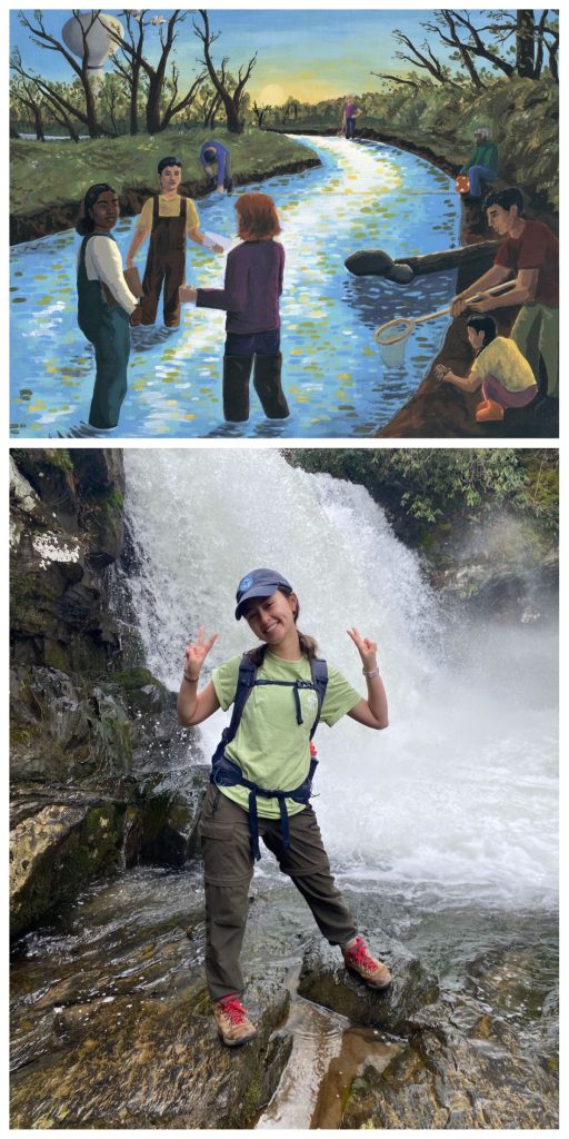 Collage of Marie posing in front of a waterfall and her artwork, which features stream volunteers wading in a river