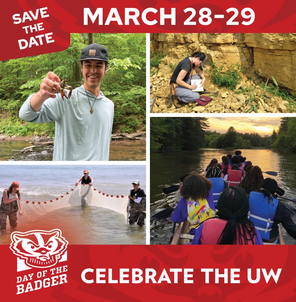 A collage of NRI program participants: a geologist taking notes, a WAV volunteer holding up a crayfish, Master Naturalists pulling a net through water, and young people canoeing at Upham Woods.