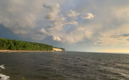 Grey clouds roll over Lake Superior during sunset