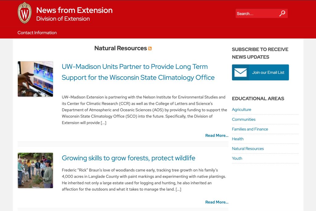 A screenshot of the Division of Extension Natural Resources news page