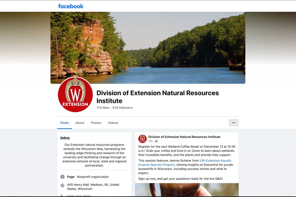 A screenshot of the Division of Extension Natural Resources Institute's Facebook page