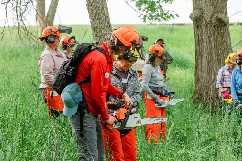 A group of women standing in the woods wearing orange personal protective equipment holding chainsaws.