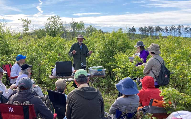 A group of people in a wooded area learning about bird banding