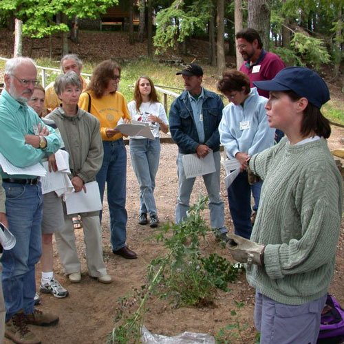 A woman speaking to a group of people outdoors