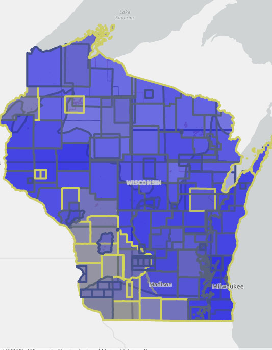 A map of Wisconsin showing the bedrock depth across the state