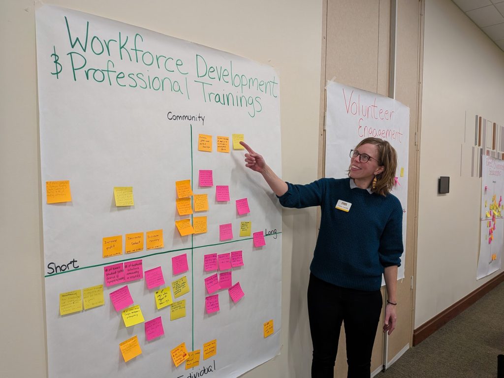 Greta Landis an Evaluation Specialist pointing to a board with sticky notes facilitating a feedback session