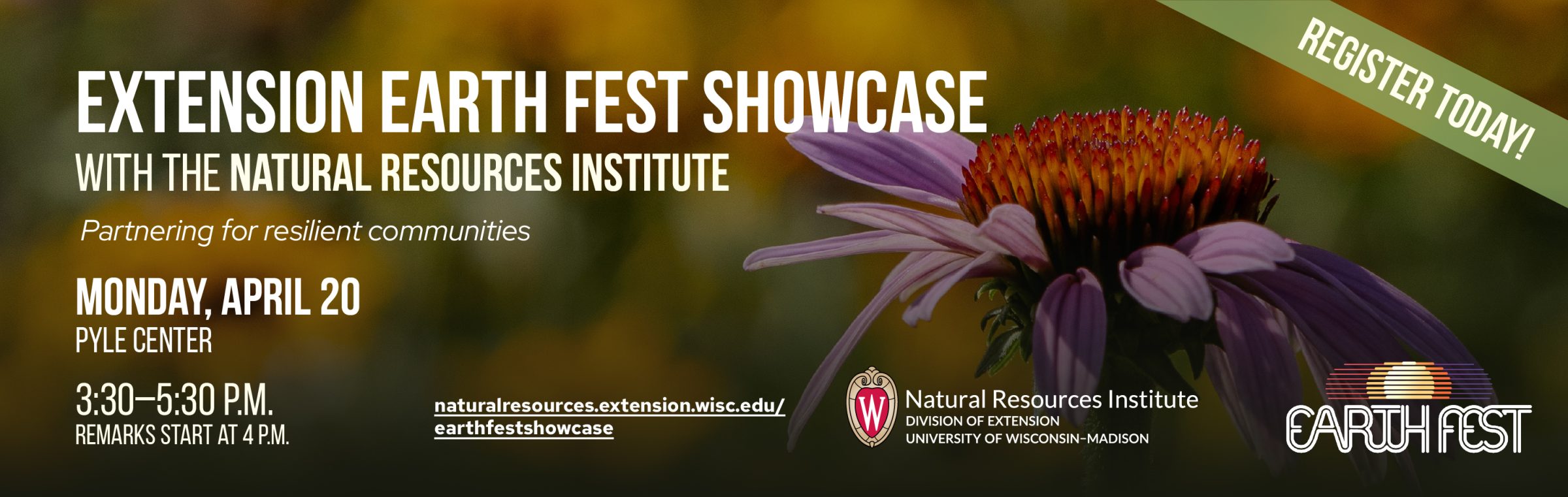 Extension Earth Fest Showcase Invitation. Inviting people to the showcase on April 20th at the Pyle Center at 3:30PM