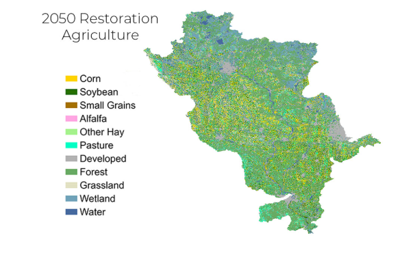 A map of the Upper MIssissippi RIver Basin with different colors to note the different types of land use changes in the year 2050 for the restoration agriculture scenario 