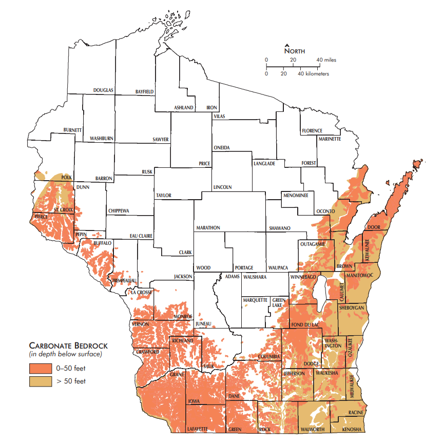 Map of Wisconsin showing areas with karst bedrock